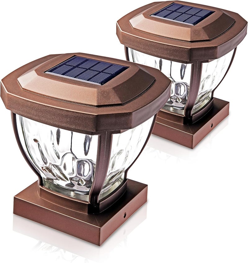 Home zone Security Solar Post Cap Lights - Decorative Glass LED Outdoor 4x4 (3.5 x 3.5 in.) Post Lights, Bronze (2-Pack) - Image 1